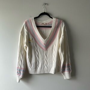 LoveShackFancy Cream Cable Knit V‑Neck Sweater with Pink & Light Blue Stripes by